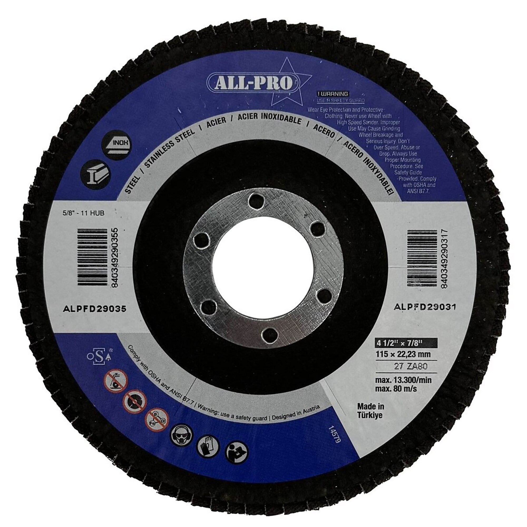 All Pro Flap Disc — 4 1/2in., 7/8in. Arbor, Type 27, 80 Grit, 10 Pk, Model# ALPFD29031